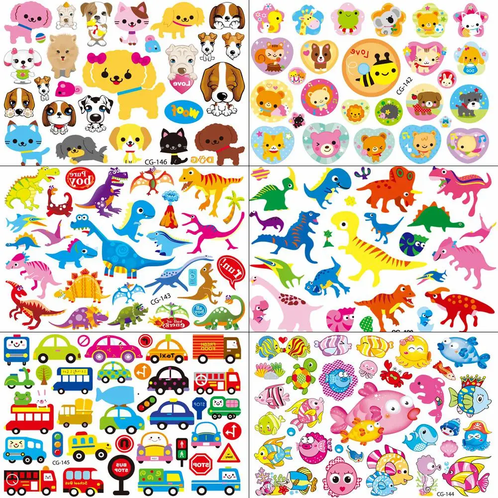 

Cute Cartoon Dinosaurs Cat Dog Temporary Tattoos For Baby Boy Girl Arm Face Tatoos Body Art Fake Kids Tattoo Sticker Fish Buses