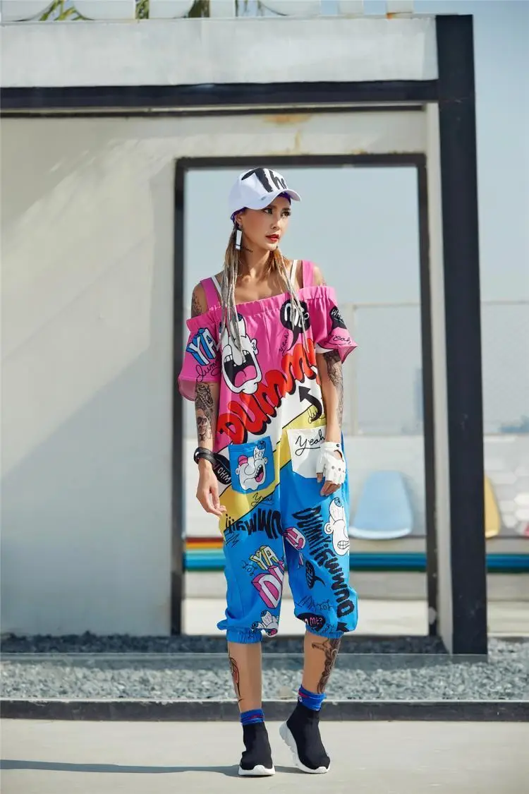 Женские хип-хоп брюки-Комбинезоны Off-the-shoulder комбинезон на подтяжках Уличная Скейтборд панк танцевальные брюки Harajuku тренд абсолютно новый