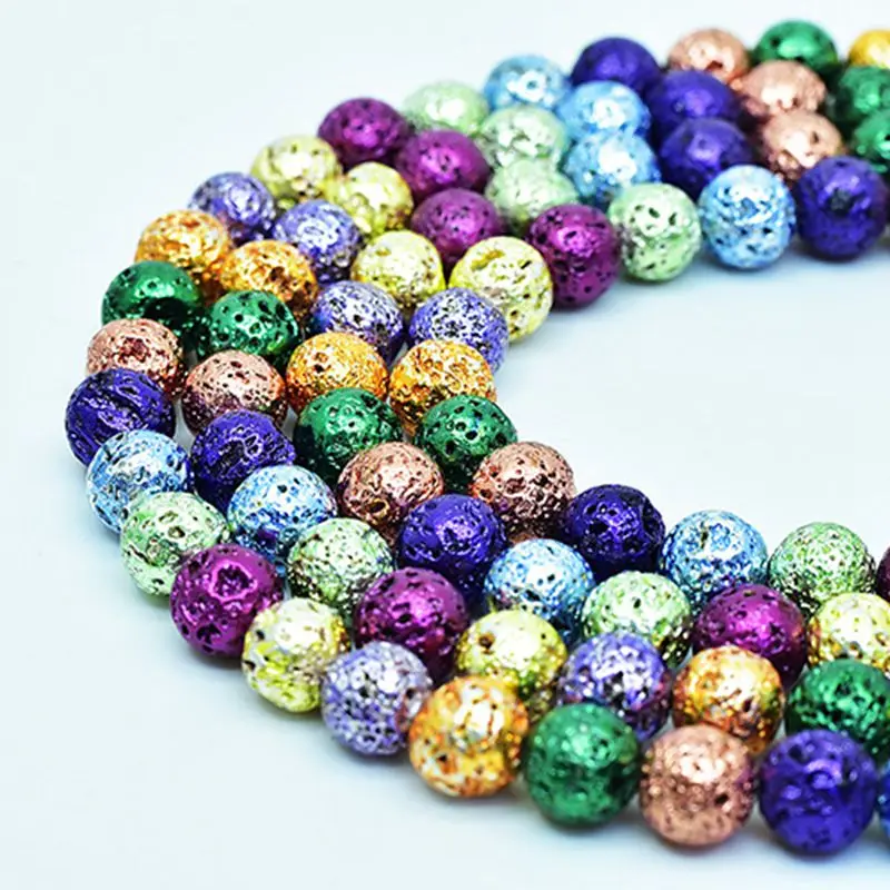 

XIN JIAO Electroplated Natural Stone Lava Beads 6/8/10mmRound Metallic Natural Volcanic Rock Spacer Beads for DIY Jewelry Making