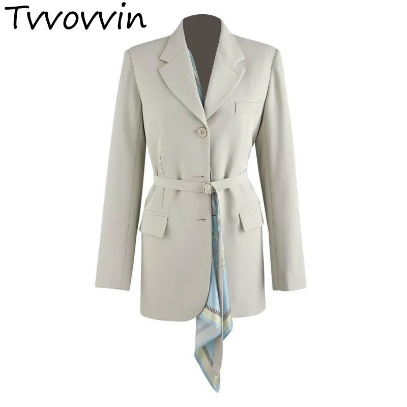 TVVOVVINWomen Блейзер длинный рукав однобортные блейзеры со съемным принтом шелковый шарф сплайсированные женские куртки Женский костюм пальто