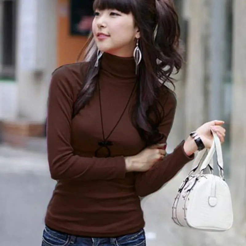 Стильная женская зимняя Весенняя однотонная водолазка, молочный шелк, пуловеры, джемпер, трендовая тонкая Базовая футболка с длинным рукавом, топы - Цвет: Coffee