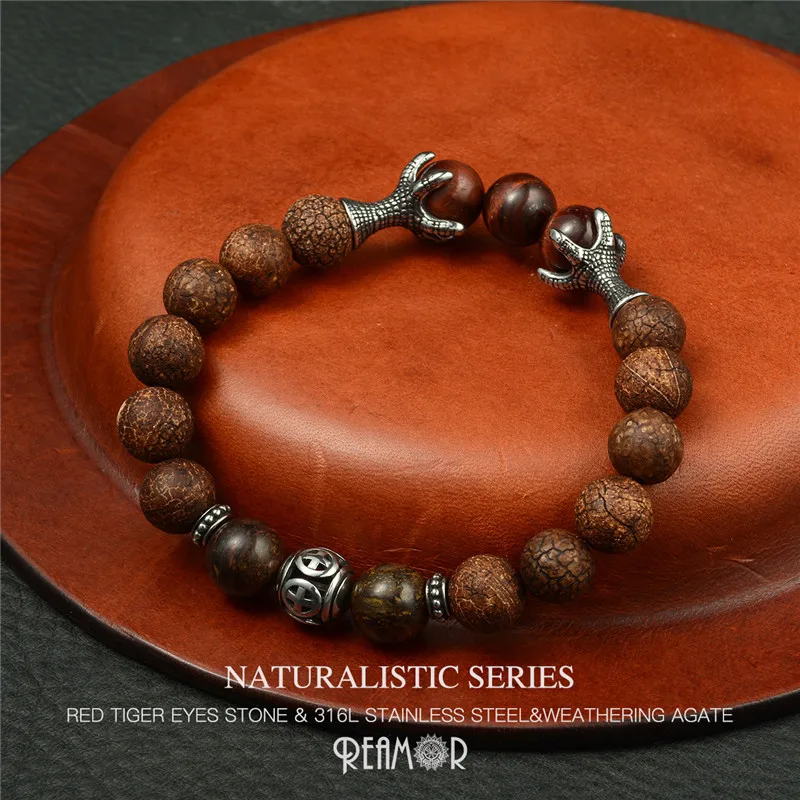 

RUIMO Dragon Claw Natural Stone Bracelet Men String Stainless Steel Beads Bracelet Charm Mens Jewelry 2019