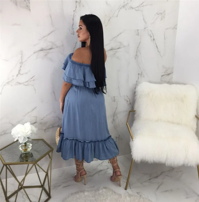 Elegant soft patchwork denim dress vestidos women Off-shoulder ruffle women dress Casual denim jeans summer party dress 2018