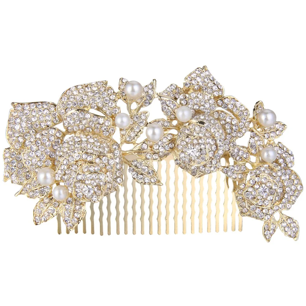 Bella 2016 New Gold Tone Ivory Simulated Pearls Floral Bridal Hair Comb 