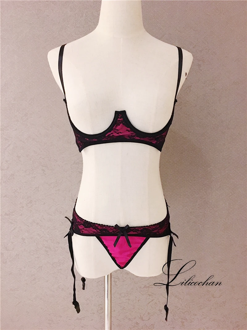 Lilicochan Luxury Sexy Ruffles Bow Push Up Open Cup Underwear Cute Bra and T Panty Sets for Women erotic lingerie