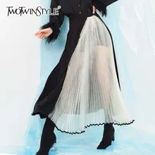 TWOTWINSTYLE Лоскутная сетчатая юбка для женщин Высокая талия перспективная свободная Длинная женская плиссированная юбка Осенняя мода