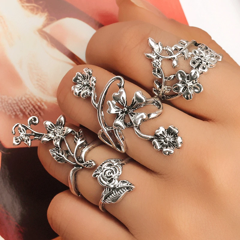 WKOUD Alloy Metal Three-Dimensional Flower Leaf 4 Piece Set Ring Silver color for women Vintage Lady Jewelry | Украшения и