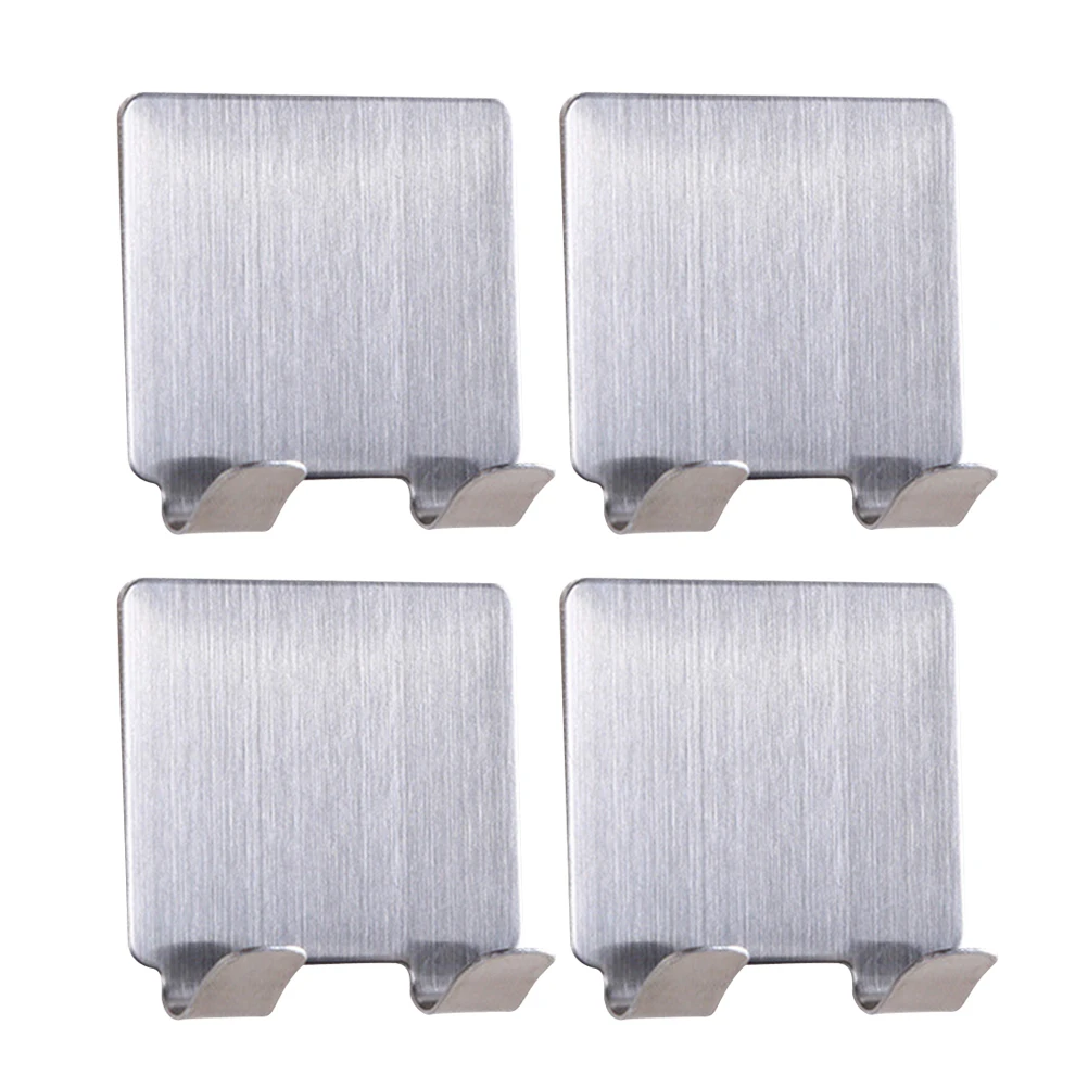 4pcs Stainless Steel Self Adhesive Hooks Heavy Duty Sticky Hanger For Wall Glass Bathroom