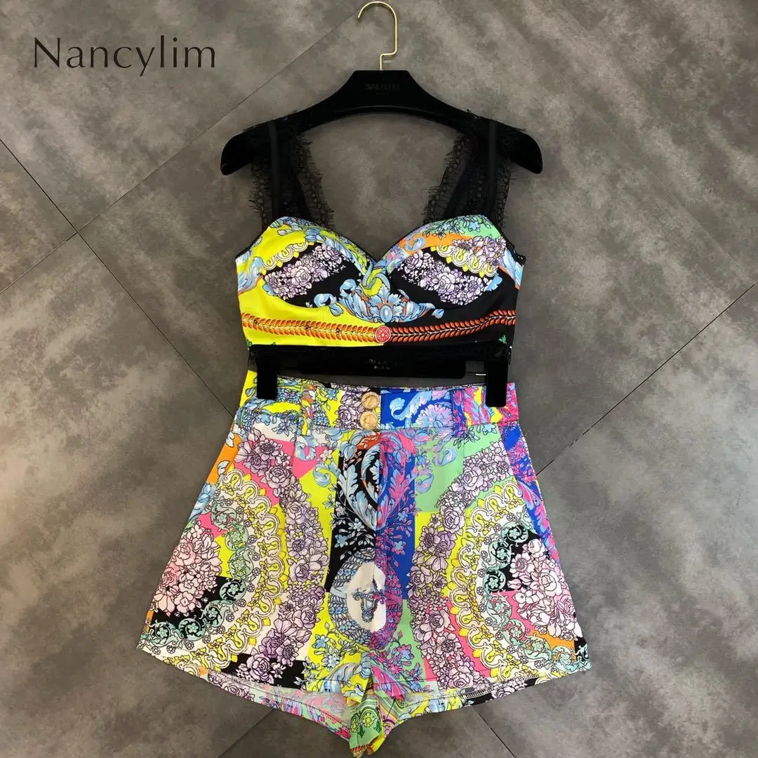 

Summer New Lace Shoulder Strap Color Vest with High Waist Shorts Set Girl Holiday Seaside Two Piece Sets Outfit Nancylim Women