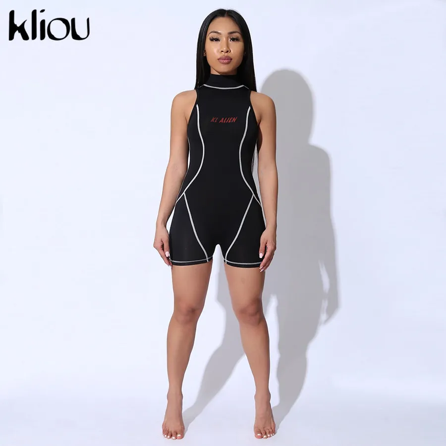 Kliou النساء مثير أكمام playsuit نحيل اللياقة البدنية الياقة المدورة عودة زيبر يطير إلكتروني طباعة خليط الأزياء ارتداءها السروال القصير