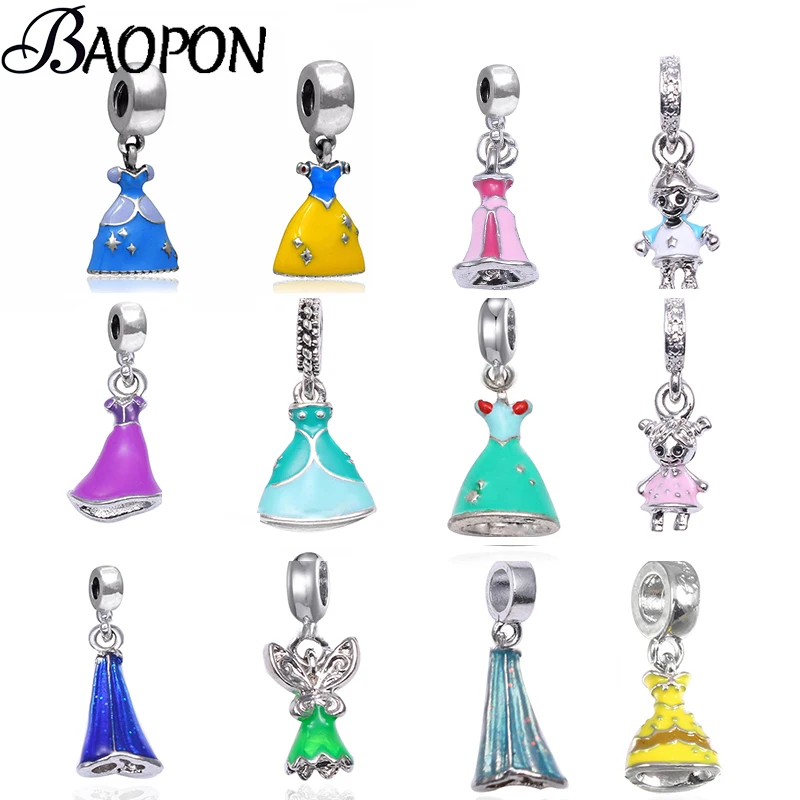 

BAOPON 2Pcs/lot Hot Sale Genuine Silver Plated Enamel Princess Skirt Charms Beads Pendant Fit Brand Bracelets DIY Jewelry Gift