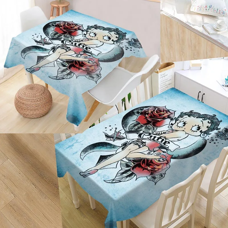 

Custom Betty Boop Table Cover Rectangular Home Protection Decoration Elegant Wedding Waterproof Oilproof Tablecloth