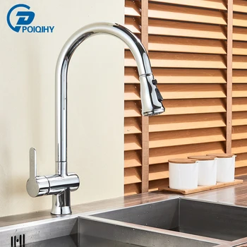 

POIQIHY Chrome Polished Kitchen Faucet Dual Sprayer Stream Deck Mounted Single handle Hot and Cold Water Mixer Tap