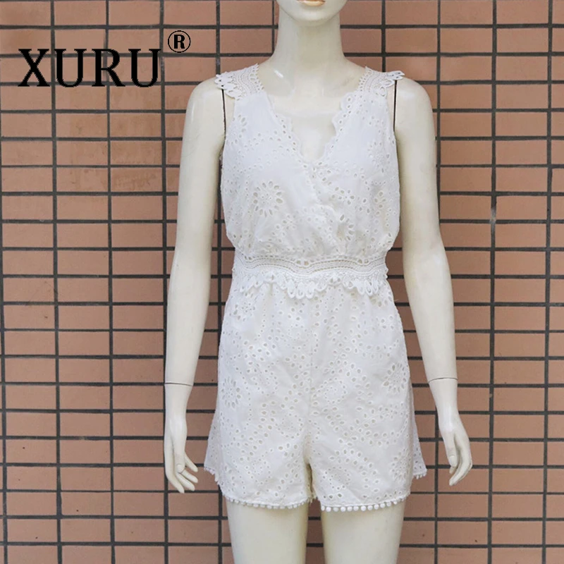 XURU new embroidered lace jumpsuit stitching fashion backless V-neck white jumpsuit XURU new embroidered lace jumpsuit stitching fashion backless V-neck white jumpsuit