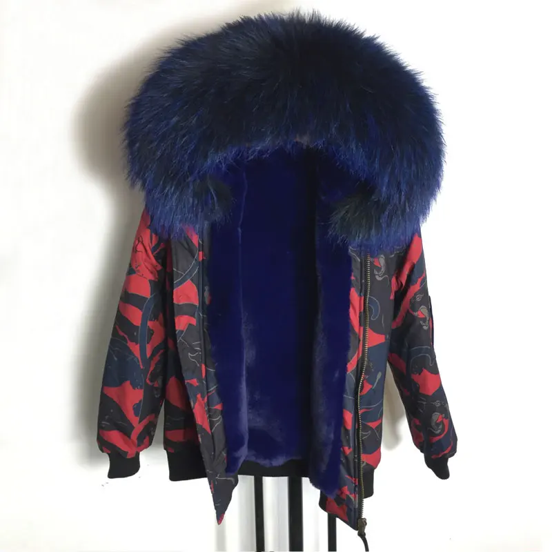 Bombardiers Rouge Fourrure Grande Capuchon Réel Femmes 2018 Doublure Bomber De Mode À Veste Conception Noir Taille Bleu 1EBqZ