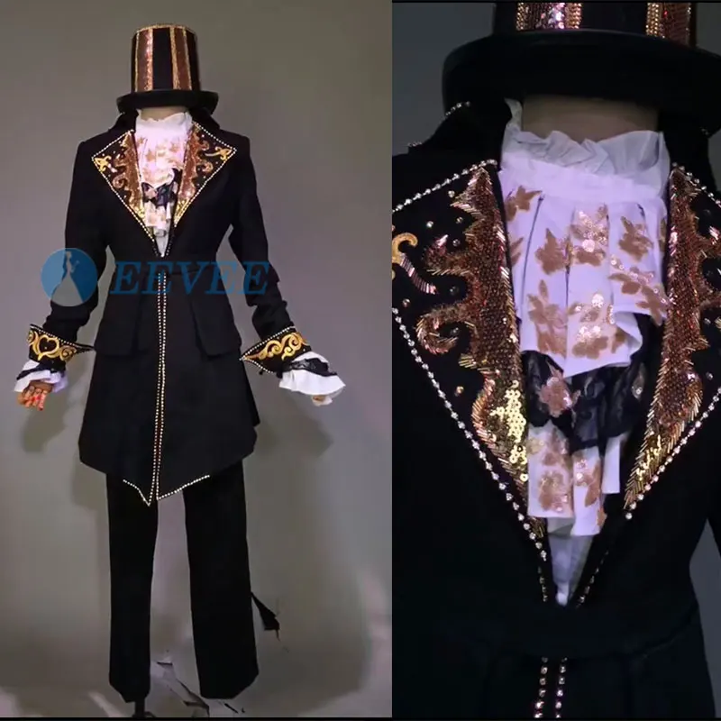 

Black Beaded sequins 4Piece Stage Suit(Jacket+Pants+shirt+hat) Men Bullfight Dance Jazz dance Singer Suit Blazer Matador Costume