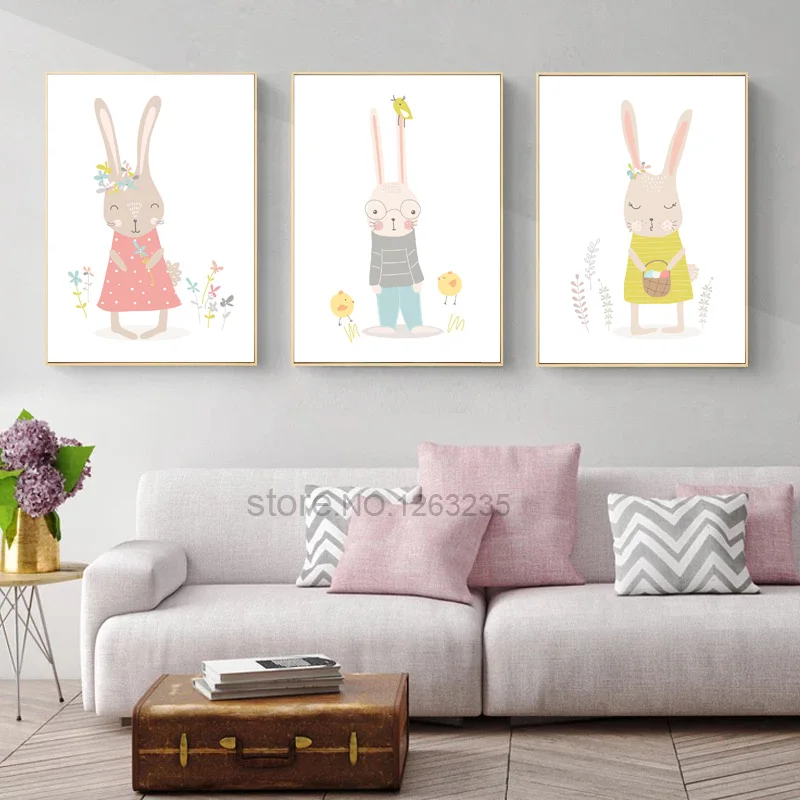 

Cute Rabbit Wall Pictures For Living Room Cartoon Nordic Poster Nursery Cuadros Nordic Style Kids Decoration Nursery Unframed