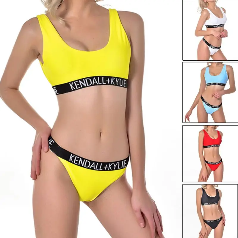 

Two-Piece Sports Bikini Set Solid Color Letters Printed Elastic Band Patchwork Swimsuit Quick Dry Low Cut Back Yoga Underwear