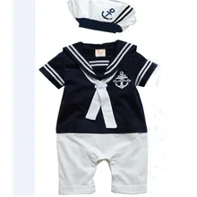 Детские комбинезоны для малышей, шляпа из хлопка с короткими рукавами, темно-синий костюм моряка для малышей Одежда для девочек