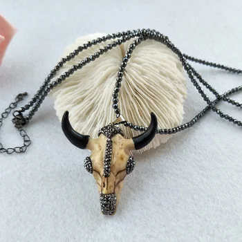 

5 Strands Hematite beads necklace horn cattle Tau Pendant pave Crystal Rhinestone Boho necklaces for women NK106