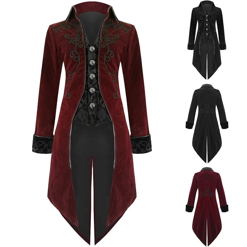

2019 Men Vintage Tailcoat Gothic Steampunk Trench Coat Mens Retro Frock Outfit Overcoat Men Cosplay Costume Tuxedo For Party