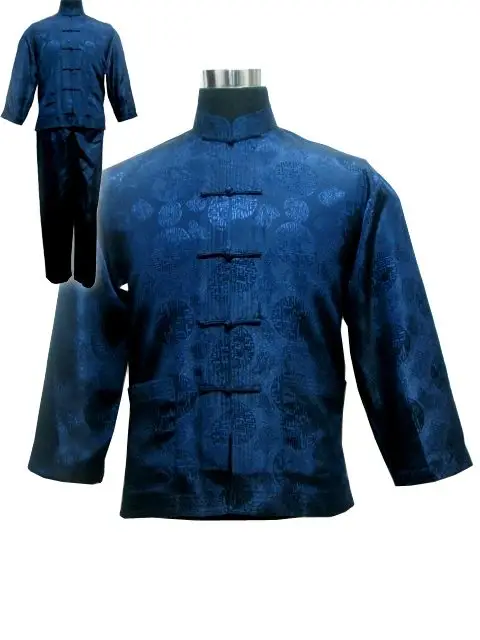 Günstig Marineblau Chinesischen männer Satin Kung Fu Anzug Traditionelle Männlichen Wu Shu Sets Tai Chi Uniform Kleidung Plus Größe s XXXL MS002