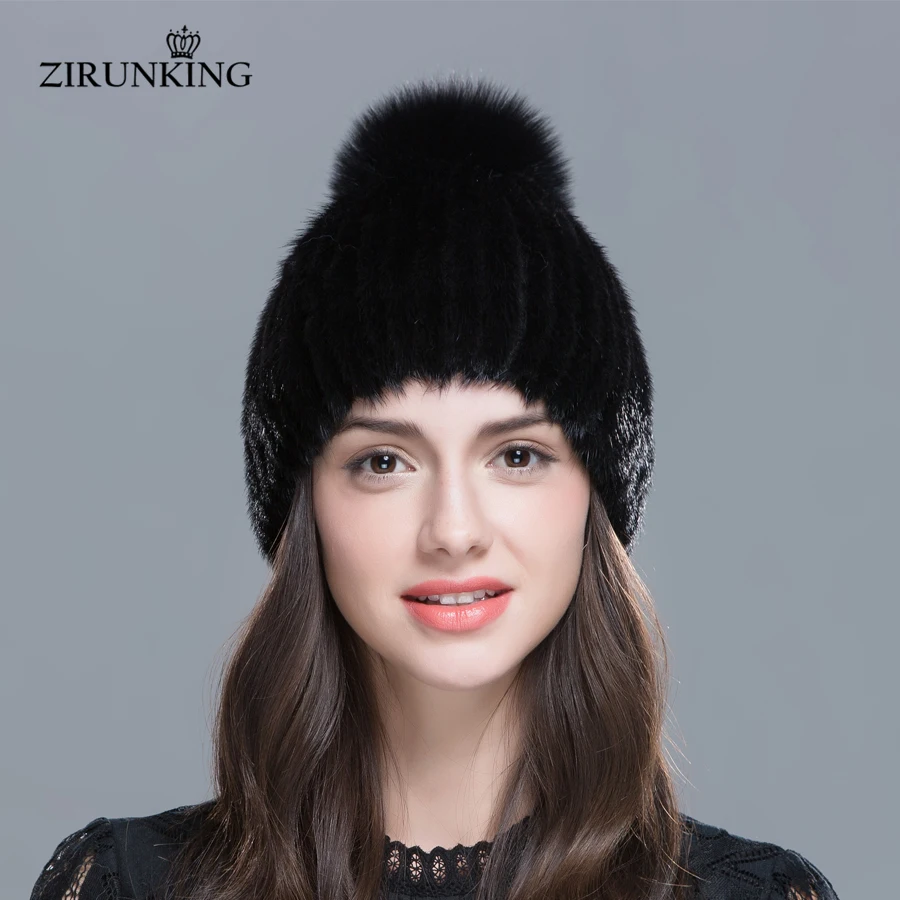 

ZIRUNKING Women Warm Natural Mink Fur Hats Thick Winter Female Fashion Pom poms Knitted Beanies Women Quality Casual Caps ZH1606