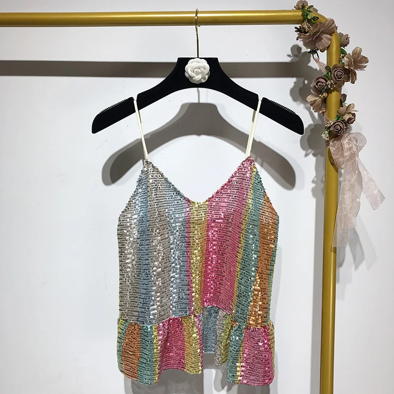 

2019 summer color sequins sleeveless slim fashion personality shirt women