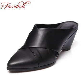 

summer sandals ladies casual dress shoes 2018 women wedges high heels genuine leather sandals sexy pointed toe brand slippers
