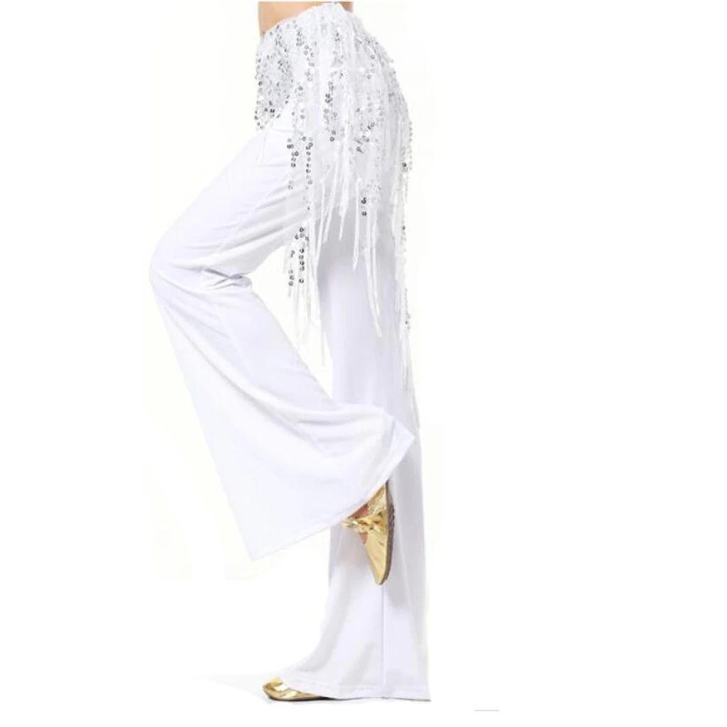 Fashion Women Belly Dance Hip Scarves Shiny Sequins with Tassel White Stage Performance Skirt Festival Clothing