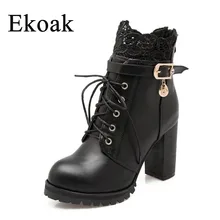 Ekoak Size 34-43 New 2016 Fashion Winter Plush Leather Boots Women Ankle Boots Casual Buckle Lace Up Zip High Heels Martin Boots