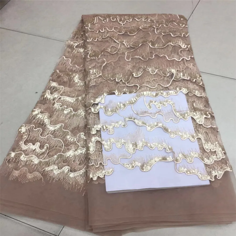 

2018 High Quality African Lace Fabric Gold , Blue French Net Sequins Tulle Lace Fabric For Nigerian party Dress X134-1