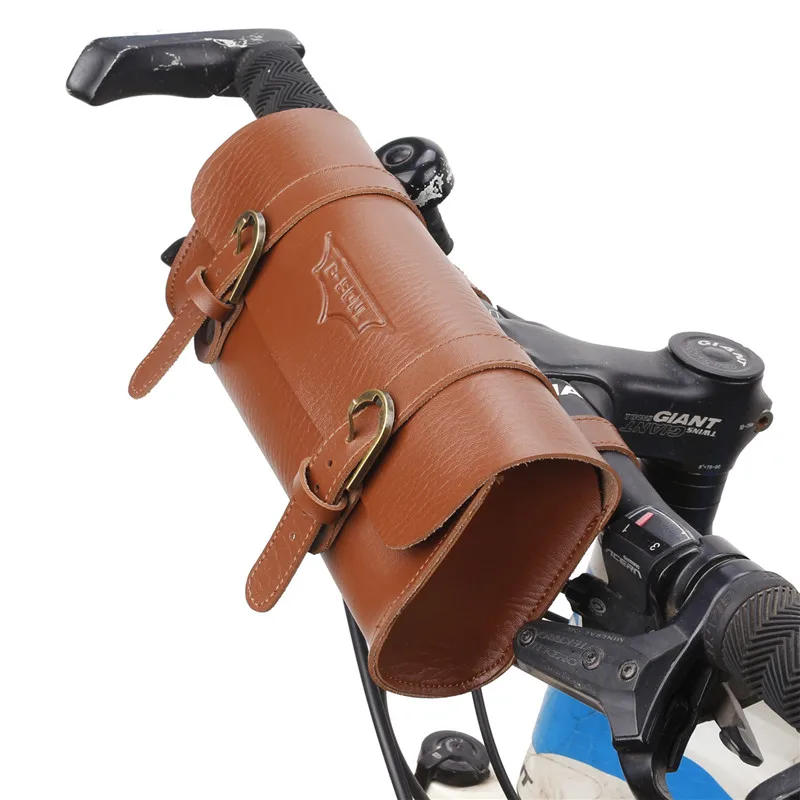 Leather Bike Saddle Seat Bag Vintage Handlebar Frame Front Tube Bag Waist Pack