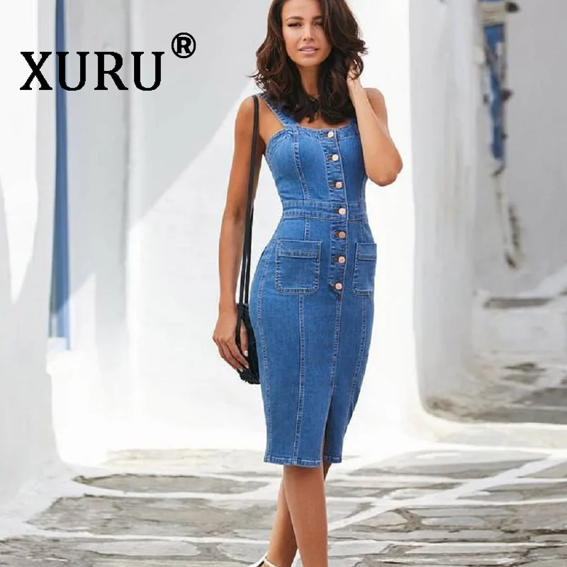 

XURU Summer New Women's Denim Dress Sexy Slim Pack Hip Strap Split Button Dress Fashion Casual Pencil Dress