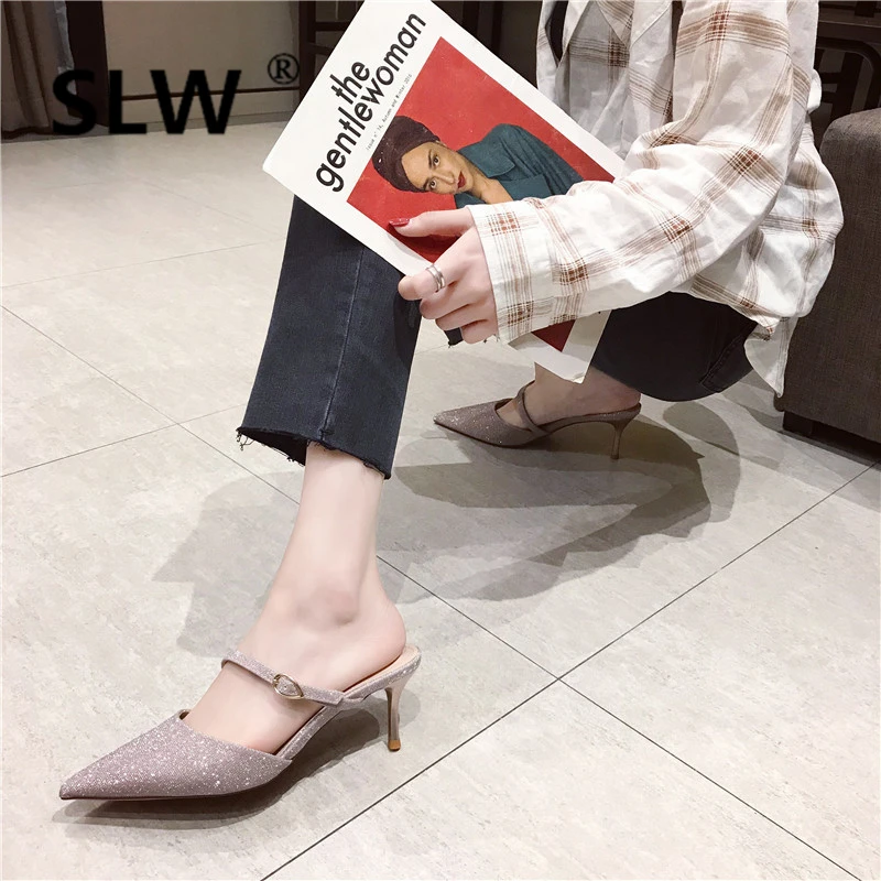 

Thin Heels Slides Shoes Mules Women Women's Slippers 2019 Low Pointed Toe Fenty Beauty Socofy Sliders New High Flat Luxury Soft