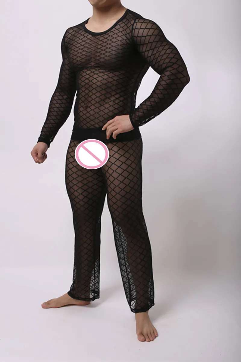 Fashion Men's Mesh Argyle Transparent Sleep Pajama Sets Sexy Bodybuilding T Shirts And Long Pants men's cotton pajama pants with pockets
