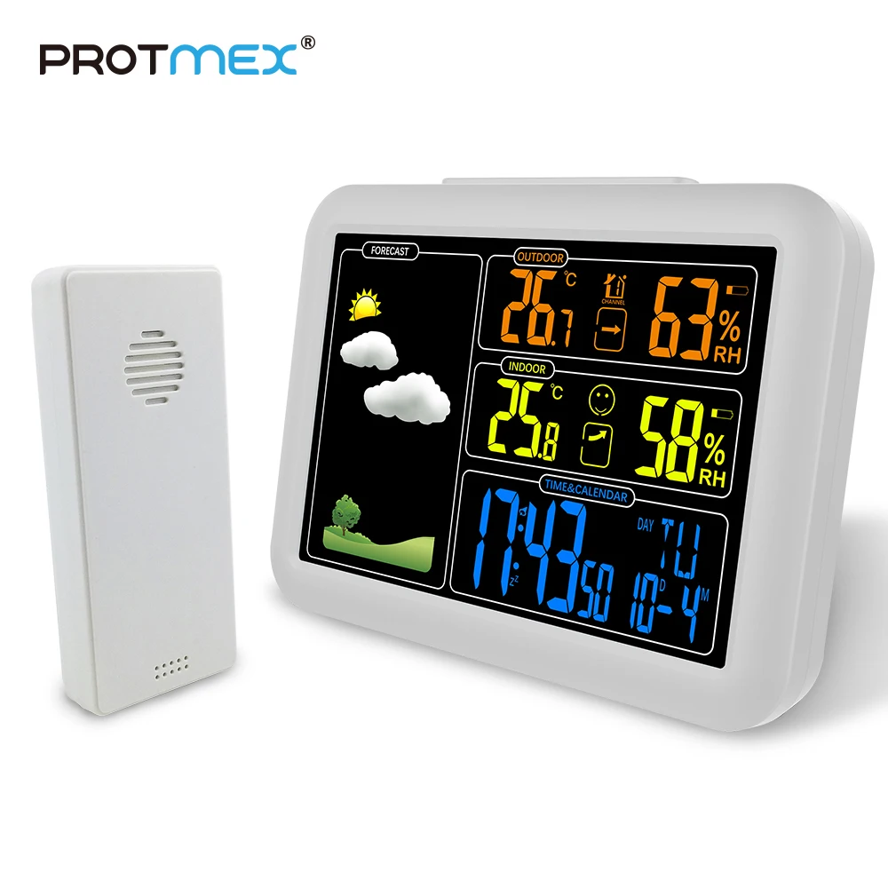 

PROTMEX Radio contraolled Alarm Clock Weather Station with Temperature Humidity Sensor Colorful LCD Display Weather Forecast