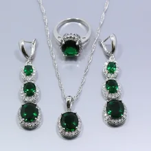 Потрясающие зеленый циркониевый 925 пробы серебра набор украшений для женщин кольцо длинные серьги, ожерелья цепи подарочная упаковка