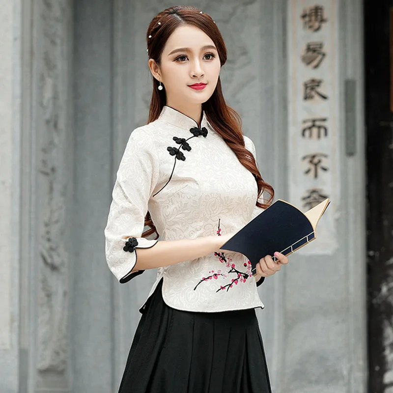 Женский китайский Топ Cheongsam, блузка из хлопка с вышивкой сливы, 7 точек, рукав Tang 4XL размера плюс