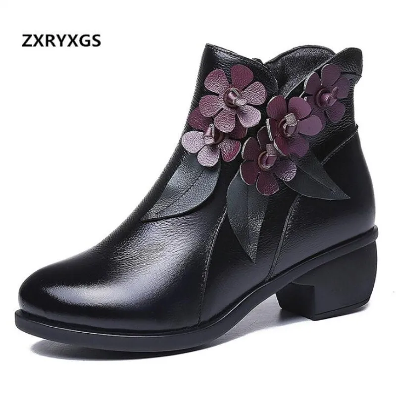 

2018 New Autumn / Winter Women's Boots Handmade Flower GenuineLeather Shoes Ladies Fashion Shoes Boots Thick Heel Ankle Boots