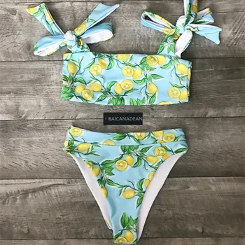 

Lemon Print Knot Bandeau Bikini Set Newest Summer Sexy Bikini Women Swimwear Thong Beach Swimsuit Push Up Bathing Suits Biquini