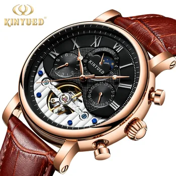 KINYUED Moon Phase Skeleton Watch Men Classic Perpetual Calendar Tourbillon Mechanical Watches Automatic Mens erkek kol