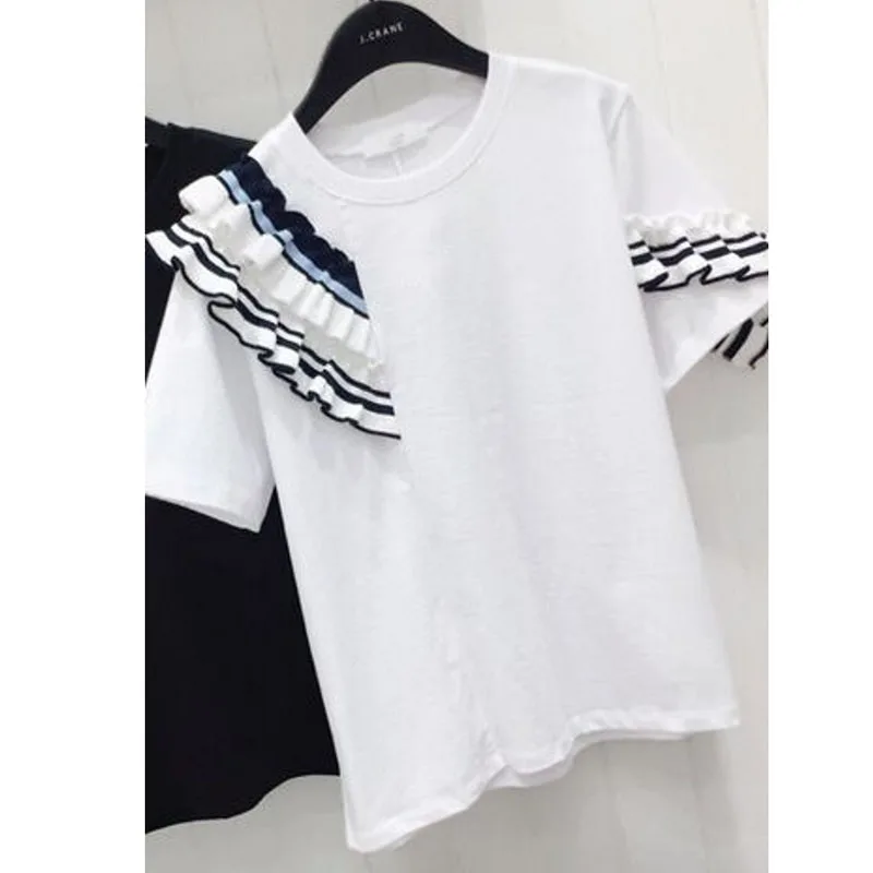 2019 الصيف شيك خياطة خشبية الأذن جولة الرقبة قصيرة الأكمام تي شيرت المرأة عارضة البرية تي شيرت المد جديد الكورية الكشكشة تيز