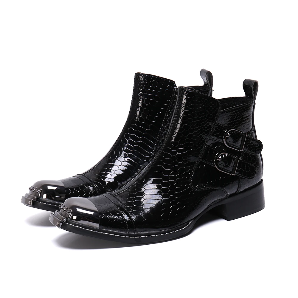 Christia Bella/зимние мужские Ботильоны из змеиной кожи; черные ботинки из натуральной кожи с квадратным носком; вечерние мотоботы в стиле панк;