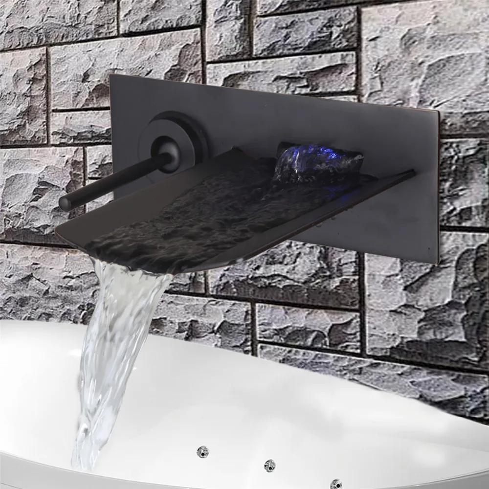 LED Waterfall Vessel Sink Basin Tap Mixer Faucet Wall Mount Bathroom Taps Single Handle Bathroom Basin Sink Faucets