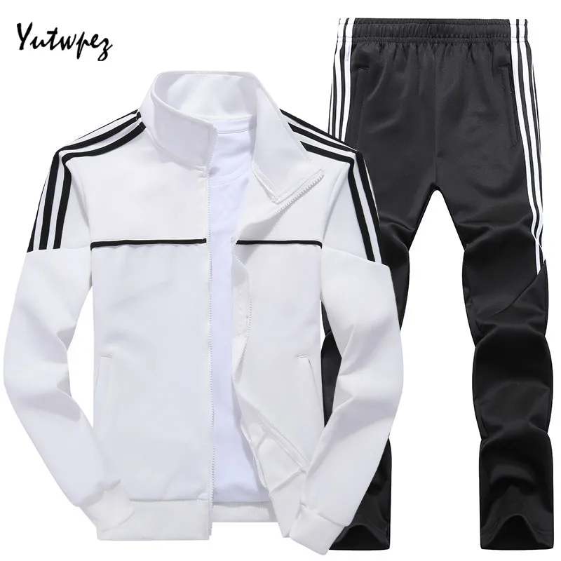 

New Striped Men's Set Spring Autumn Men Sportswear 2 Piece Set Sporting Suit Jacket+Pant Sweatsuit Male Tracksuit 2019 Plus Size