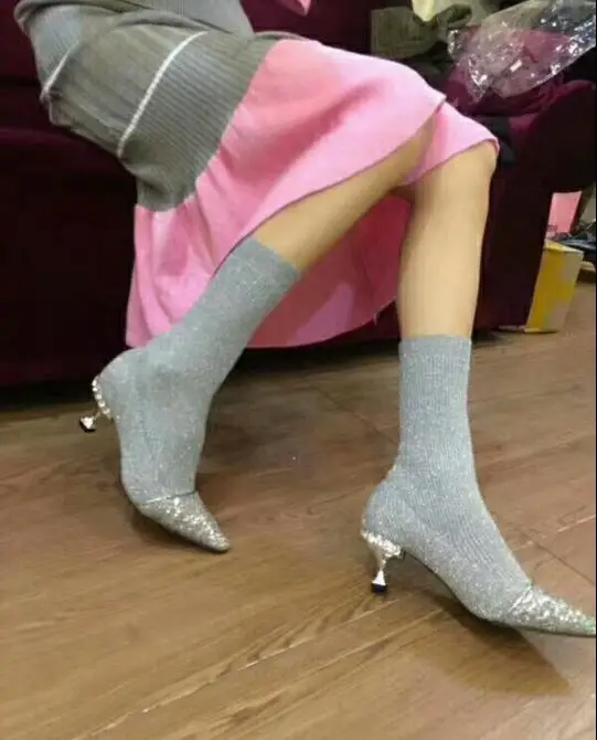 

Cheap Hot Women High Heel Sock Boots Bling Glitter Point Toe Ladies Slip On Ankle Boots Crystal Med Heel Spring Fashion Boots