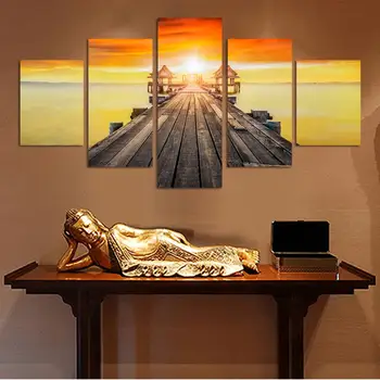 

2017 5 Panels Wall Painting Art Pictures Romantic Golden Sunshine Lovely Bridge Seascape Painting Canvas Home Decor