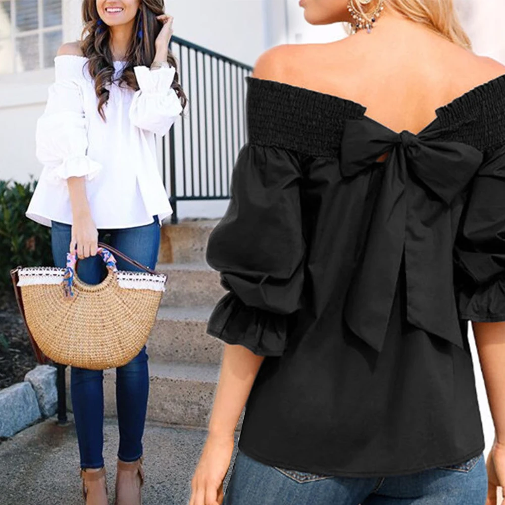 S-5XL كبيرة حجم إمرأة قمم و البلوزات عارضة فضفاض قبالة الكتف مائل الرقبة قمصان الصيف الخريف الأبيض بلوزة فام 2018