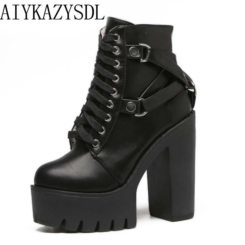 

AIYKAZYSDL Gothic Cross Strap Ankle Boots Women Faux Leather Platform Block Chunky Thick Ultra High Heel Gladiator Shoes Bootie